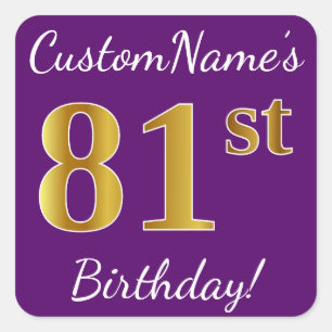 Sticker Carré Purple, Faux Gold 81ème anniversaire + Nom personn