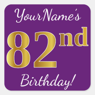 Sticker Carré Purple, Faux Gold 82e anniversaire + Nom personnal
