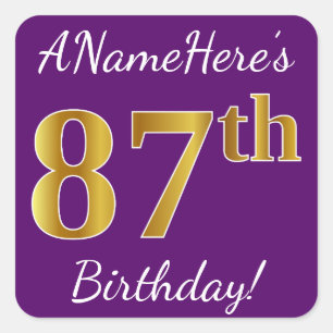 Sticker Carré Purple, Faux Gold 87e anniversaire + Nom personnal