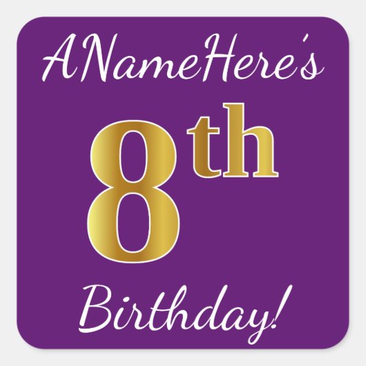 Sticker Carré Purple, Faux Gold 8e anniversaire + Nom personnali (Devant)