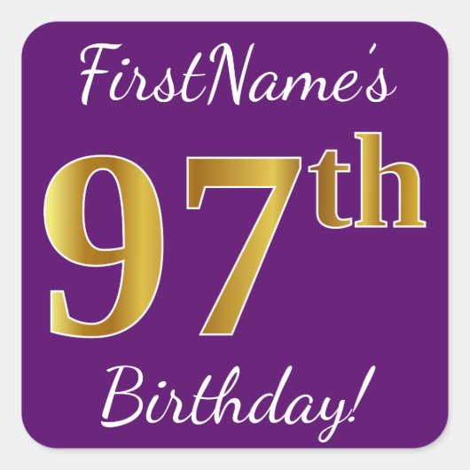 Sticker Carré Purple, Faux Gold 97e anniversaire + Nom personnal (Devant)