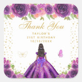 Sticker Carré Purple Floral Peau foncée Princesse Anniversaire (Devant)