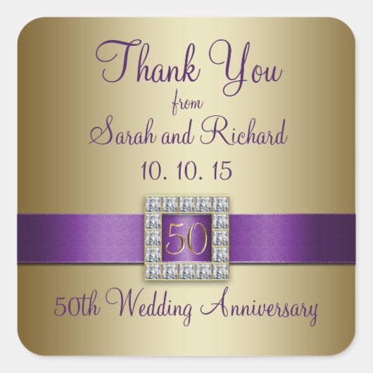 Sticker Carré Purple Gold 50e Mariage Anniversaire Merci (Devant)