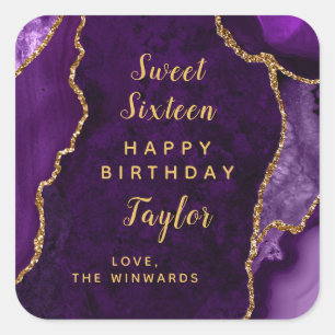 Sticker Carré Purple Gold Agate Sweet sixteen Joyeux anniversair