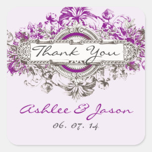 Sticker Carré Purple Lilac Vintage de Mariage Floral Merci