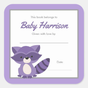 Sticker Carré Purple Raccoon Baby shower Boite, livre fille