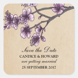 Sticker Carré Purple Vintage Cherry Blossoms Enregistrer la date
