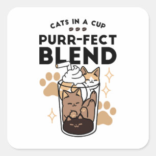 Sticker Carré Purr-fect Blend : Cat and Coffee Art for Pet Lover