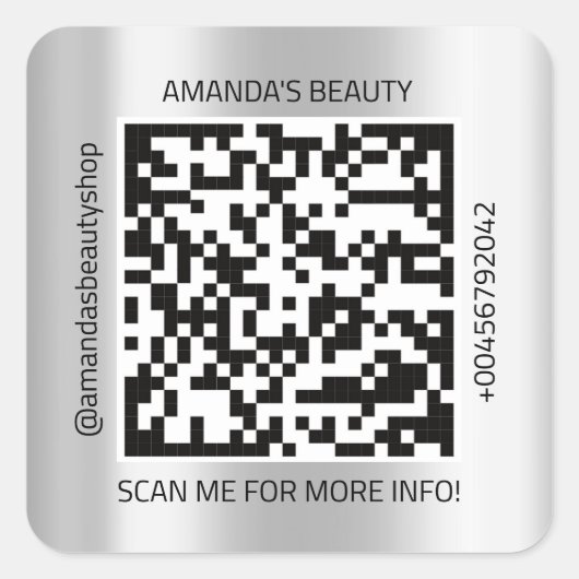 Sticker Carré QR Code Nom promotionnel Contact Web Silver Grey (Devant)