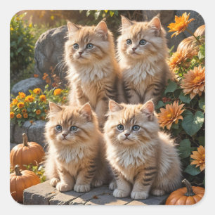 Sticker Carré Quatre chatons d'automne en feuillu avec Citrouill