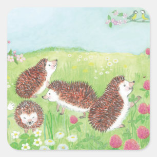 Sticker Carré Quatre petits hérissons dans la prairie