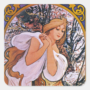 Sticker Carré Quatre Saisons par Alfons Mucha Art Déco Nouveau