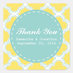 Sticker Carré Quatrefoil Motif Merci Turquoise Jaune