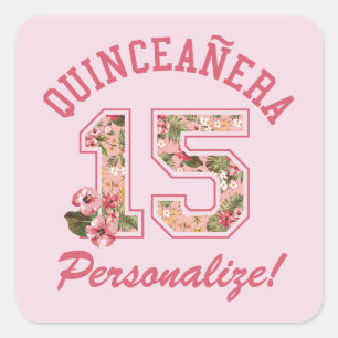 Sticker Carré Quinceanera 15 Athlétisme rose floral