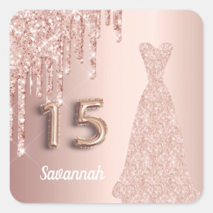 Sticker Carré Quinceanera 15e anniversaire rose or parties scint