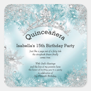 Sticker Carré Quinceanera 15e Hiver Merveilleux Argent Sarcelle