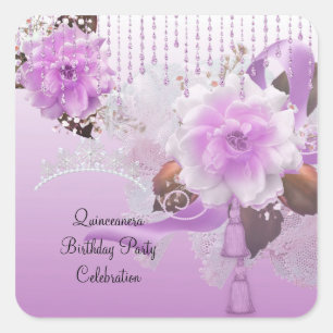 Sticker Carré Quinceanera 15e Lilac rose floral blanc