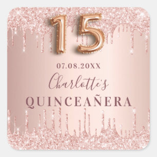 Sticker Carré Quinceanera anniversaire or rose