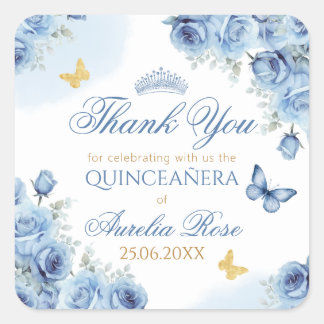 Sticker Carré Quinceañera Blue Floral Gold Butterfly Tiara