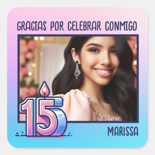 Sticker Carré Quinceañera Con Foto Y Nombre Rosa Azul Morado (Devant)