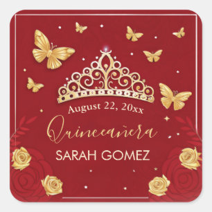 Sticker Carré Quinceanera d'or Rose rouge