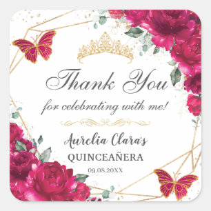 Sticker Carré Quinceañera Fuchsia Papillons floraux roses chauds