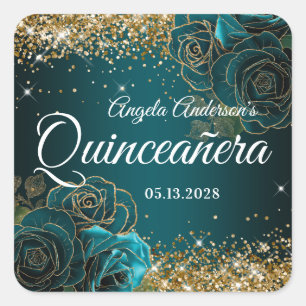 Sticker Carré Quinceañera Glamour Pailleté Or Fleur Bleu Turquoi