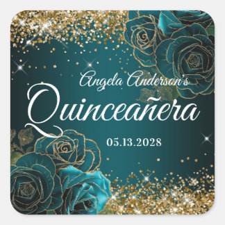 Sticker Carré Quinceañera Glamour Pailleté Or Fleur Bleu Turquoi