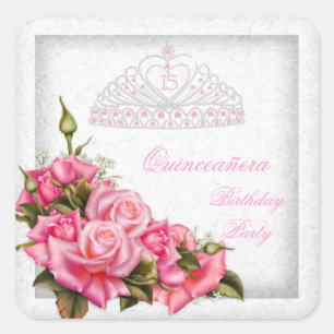 Sticker Carré Quinceanera Jolies Roses Roses Blanches Fête 15 An