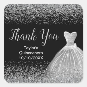 Sticker Carré Quinceanera Robe Argent Parties scintillant Faux