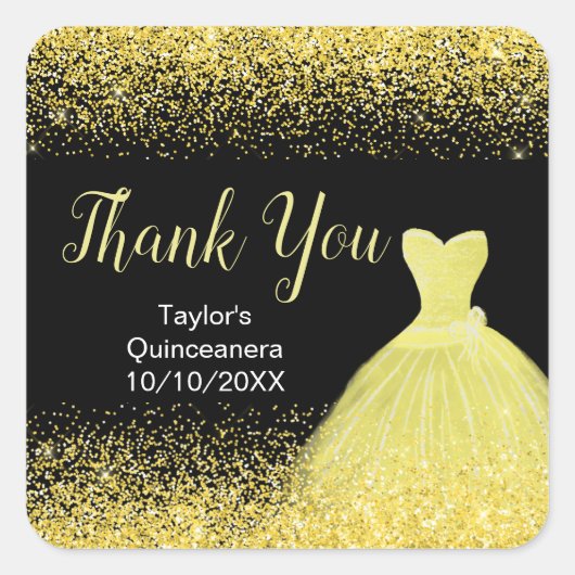 Sticker Carré Quinceanera Robe Jaune Lumineuse Robe Faux Parties (Devant)