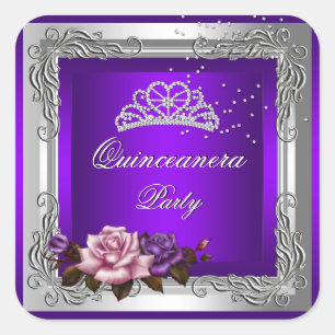 Sticker Carré Quinceanera, Rose d'argent violet, 15e anniversair
