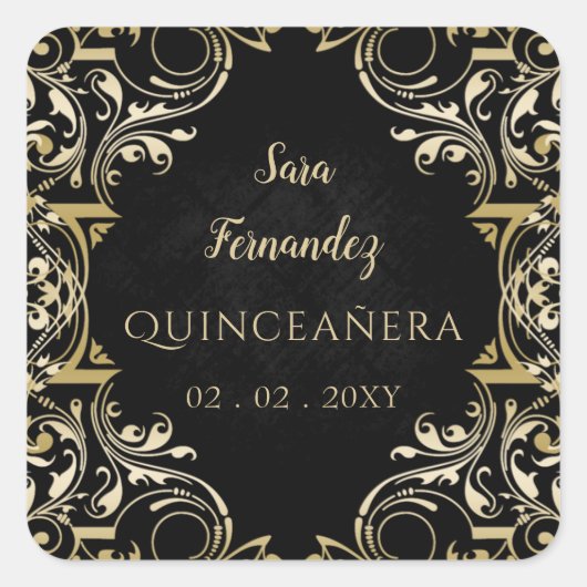 Sticker Carré Quinceanera rustique Noir Or Élégant (Devant)