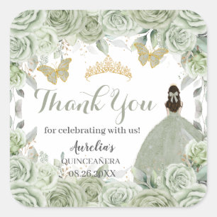 Sticker Carré Quinceañera Sage Green Floral Princess Papillons