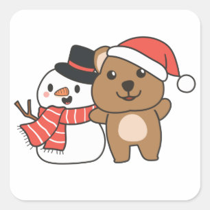 Sticker Carré Quokka Avec Snowman En Hiver À Noël Carré