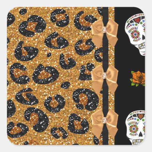 Sticker Carré RAB Rockabilly Gold Leopard Print Sugar Skulls (Devant)