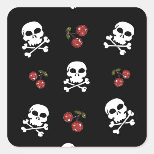 Sticker Carré RAB Rockabilly Skuls et Cerises sur Noir