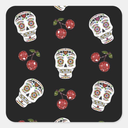 Sticker Carré RAB Rockabilly Sugar Skulls Cherries On Black (Devant)