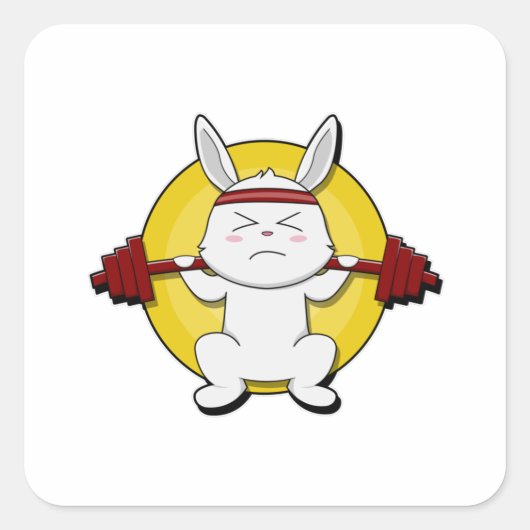 Sticker Carré Rabbit à Bodybuilding avec Barbell (Devant)