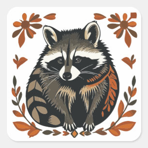 Sticker Carré Raccoon de Whimsical Woodland Animal Folk ou Triba