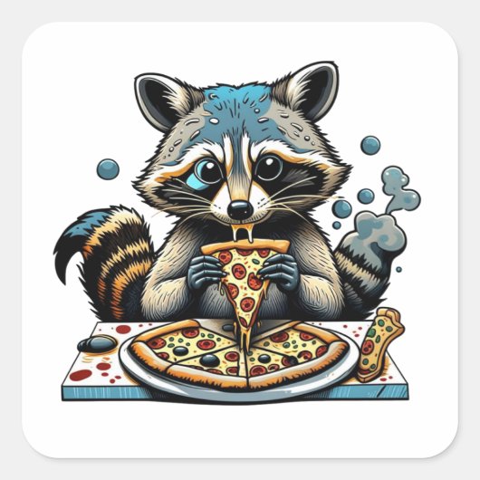 Sticker Carré Raccoon mange Pizza (Devant)