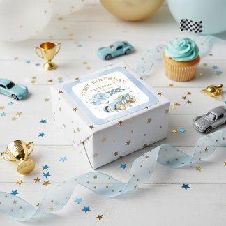 Sticker Carré Race Car Blue Watercolor Boy First Birthday