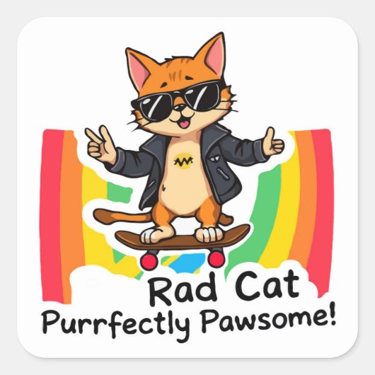 Sticker Carré Rad Cat Skateboard (Devant)