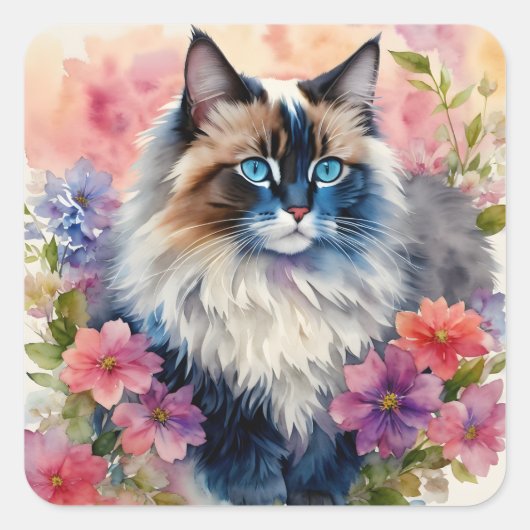 Sticker Carré Ragdoll Chat Floral Portrait Art (Devant)