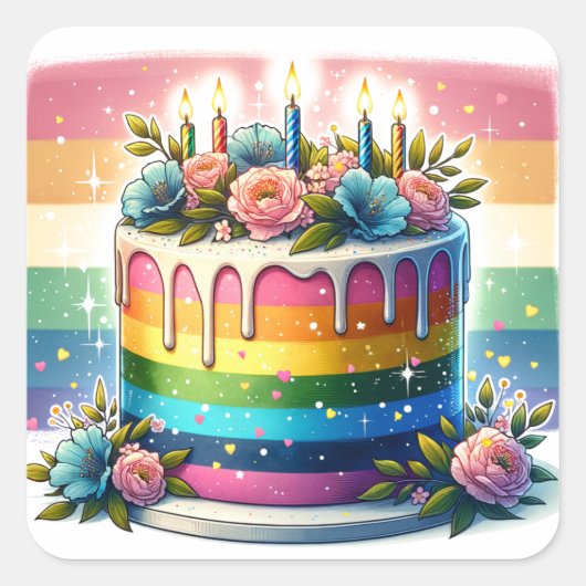 Sticker Carré Rainbow Cake Joyeux anniversaire (Devant)
