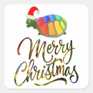 Sticker Carré Rainbow Funny Turtle portant le Noël Noël Noël Noë