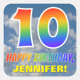 Sticker Carré Rainbow Look "10" & "HAPPY BANTHDAY", Nuages, Sky