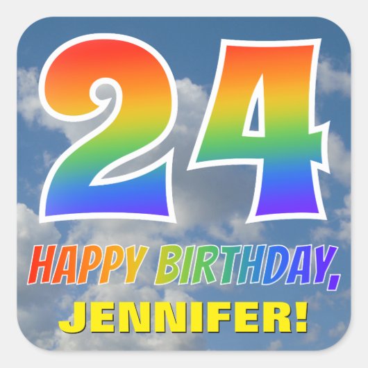 Sticker Carré Rainbow Look "24" & "HAPPY BANTHDAY", Nuages, Sky (Devant)