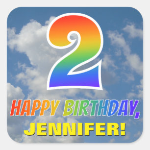 Sticker Carré Rainbow Look "2" & "HEUREUX ANNIVERSAIRE", Nuages,
