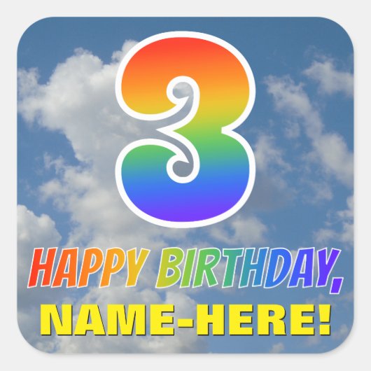 Sticker Carré Rainbow Look "3" & "HEUREUX ANNIVERSAIRE", Nuages, (Devant)